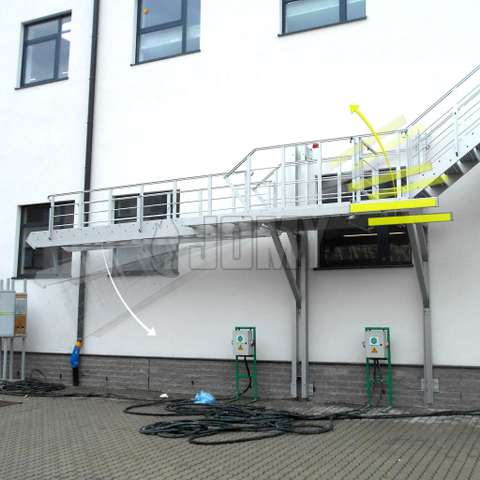Counterbalanced stair with prolonged stringers Counterbalanced fire escape stairs with prolonged stringers.